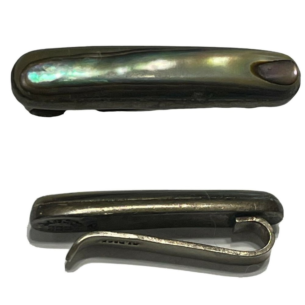 Vtg  Men’s 925 Sterling Silver Abalone Inlay Tie Bar Clip Clasp Mother Of Pearl